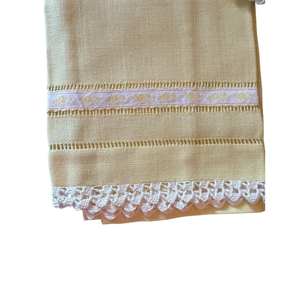 Vintage Yellow & Lavender Linen Hand Towels With Lace Trim & Embroidered Details